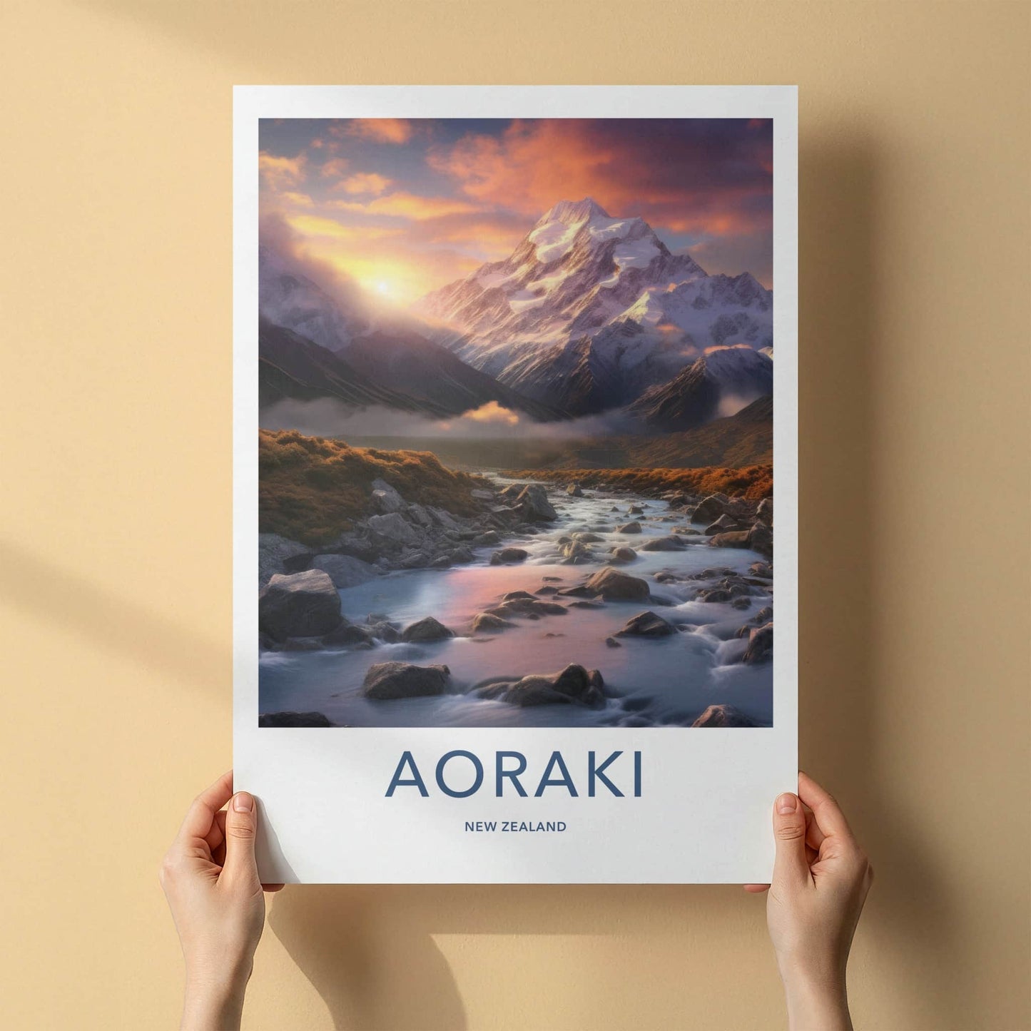 Aoraki Poster - New Zealand Travel Art - Sunset Mountain River Home Decor