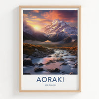 Aoraki Poster - New Zealand Travel Art - Sunset Mountain River Home Decor