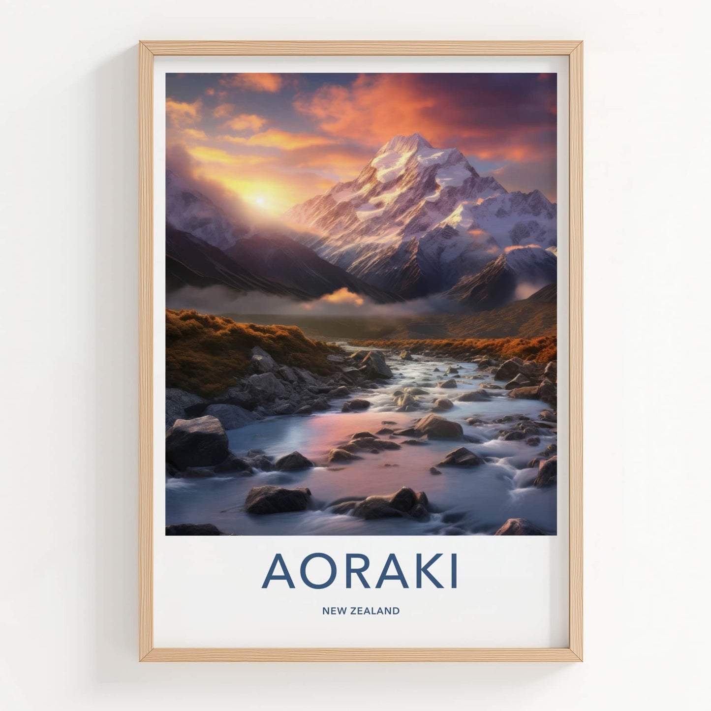 Aoraki Poster - New Zealand Travel Art - Sunset Mountain River Home Decor
