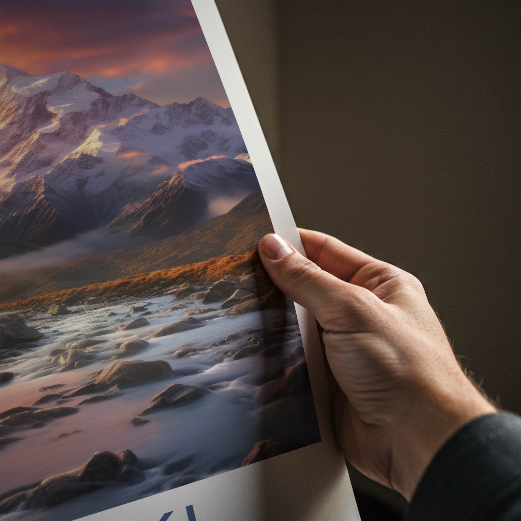 Aoraki Poster - New Zealand Travel Art - Sunset Mountain River Home Decor