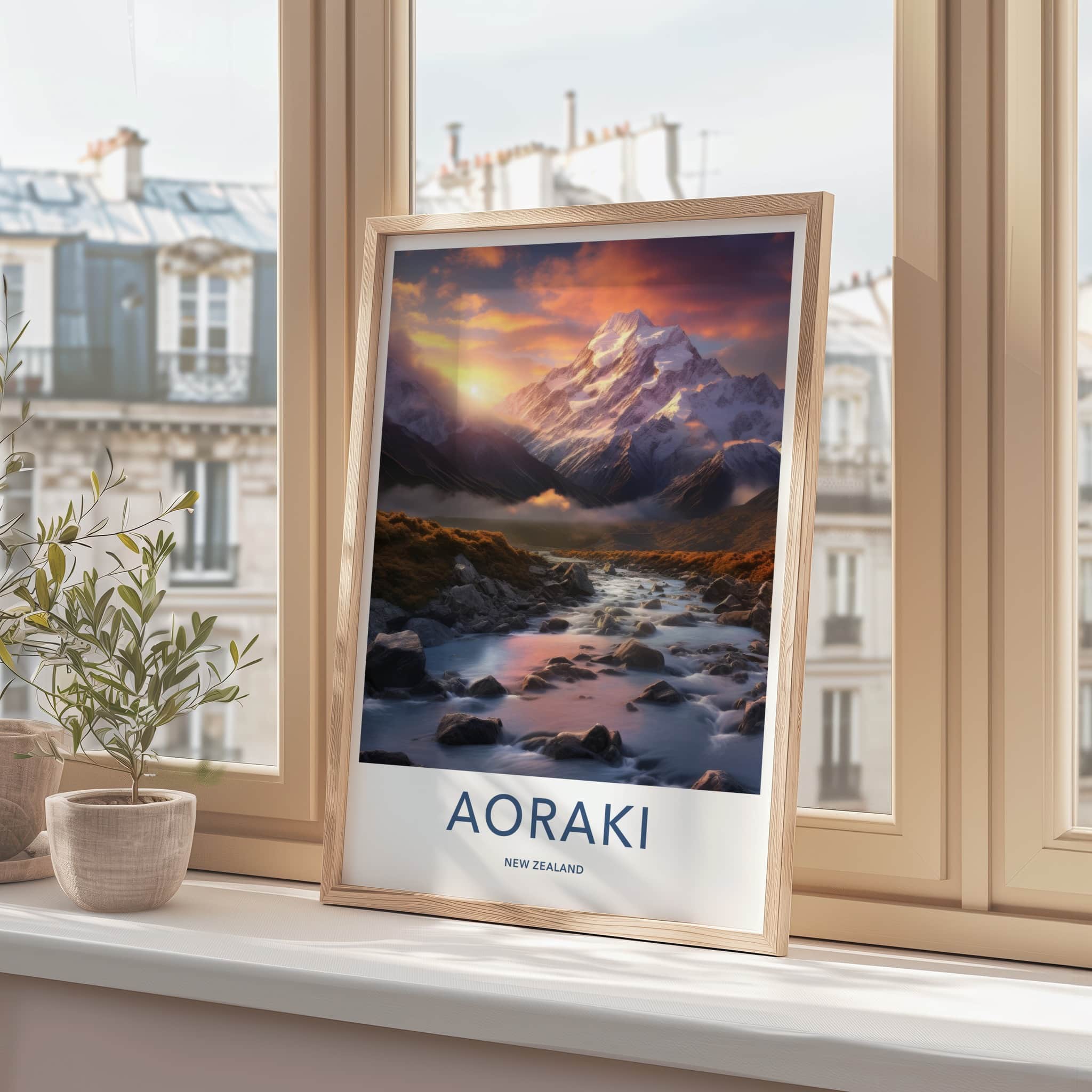Aoraki Poster - New Zealand Travel Art - Sunset Mountain River Home Decor