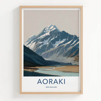 Aoraki Poster - NZ Travel Art - Snow Capped Peak Decor