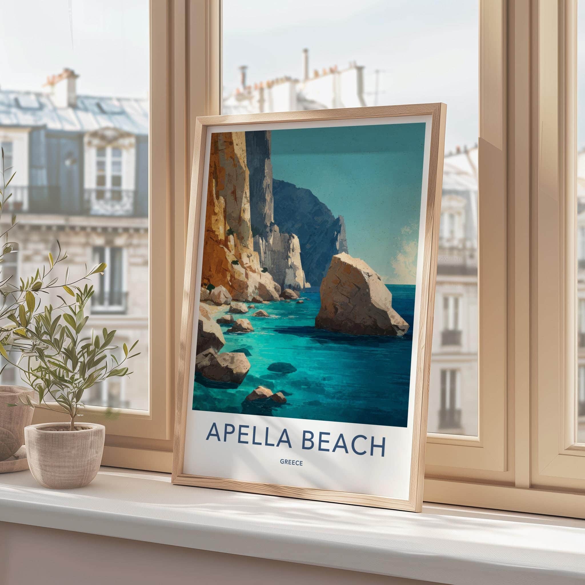 Apella Beach Poster - Greece Travel Print - Rocky Shore Sea Wall Decor