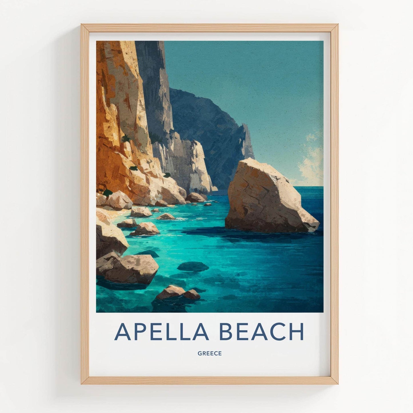 Apella Beach Poster - Greece Travel Print - Rocky Shore Sea Wall Decor
