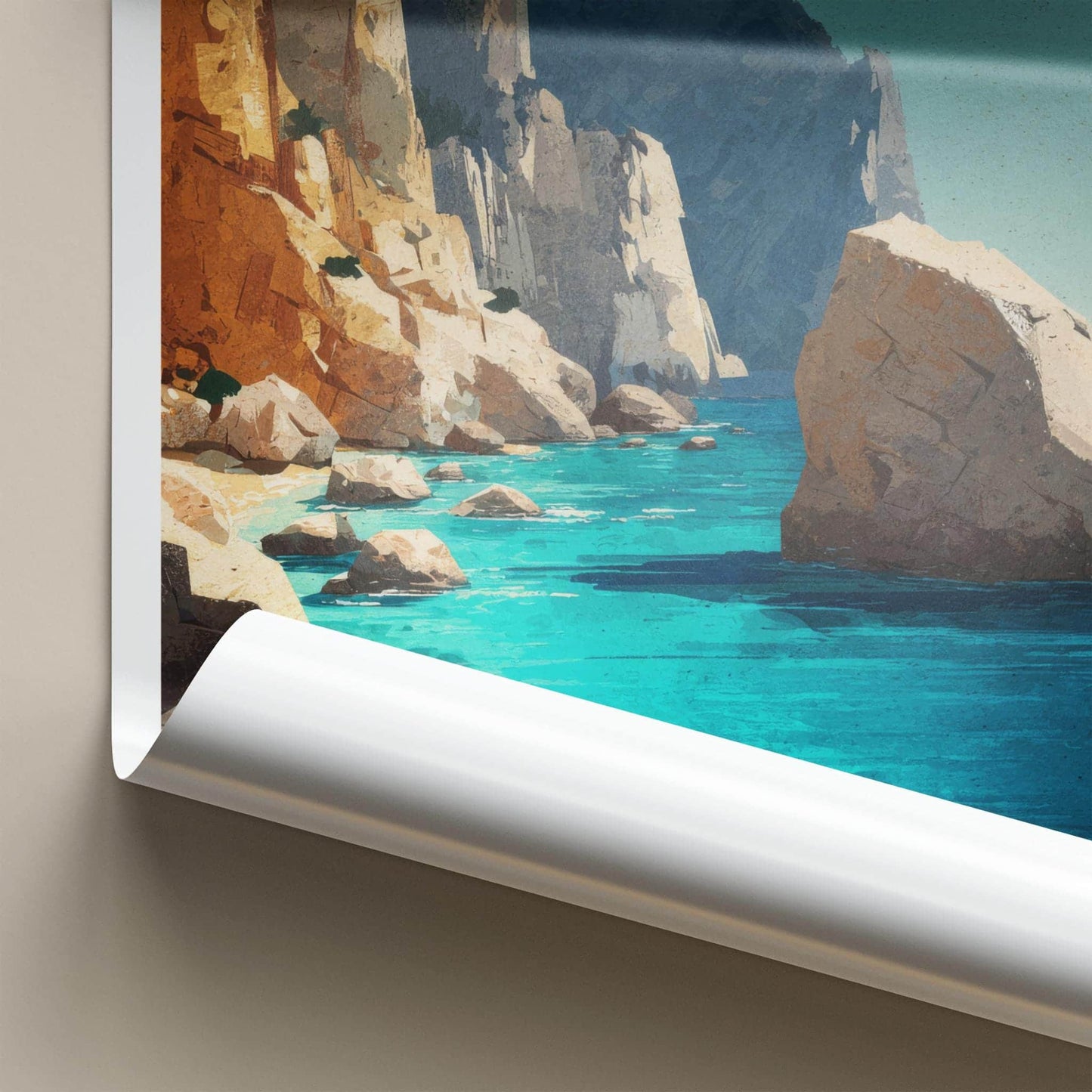 Apella Beach Poster - Greece Travel Print - Rocky Shore Sea Wall Decor