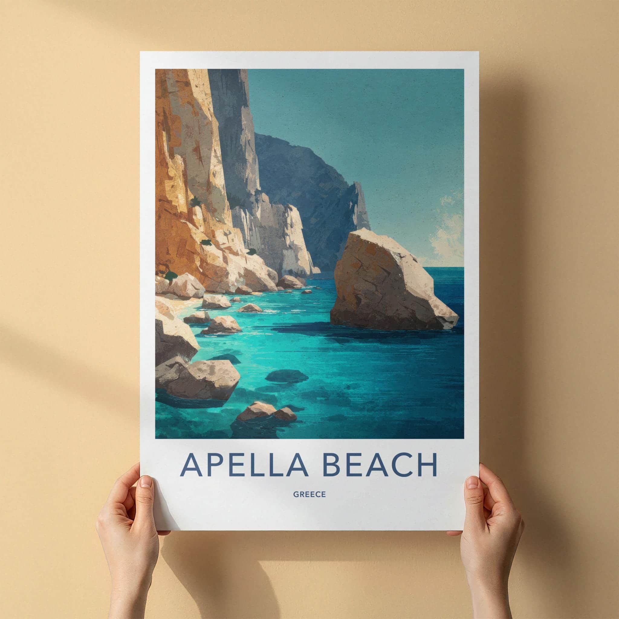 Apella Beach Poster - Greece Travel Print - Rocky Shore Sea Wall Decor