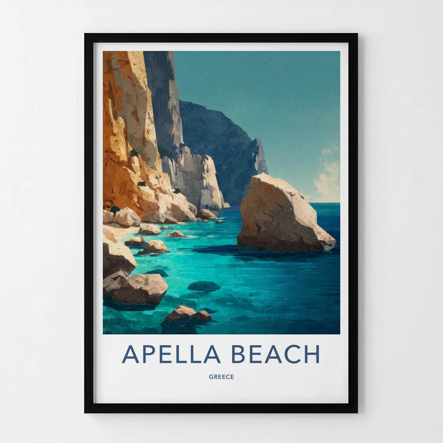 Apella Beach Poster - Greece Travel Print - Rocky Shore Sea Wall Decor