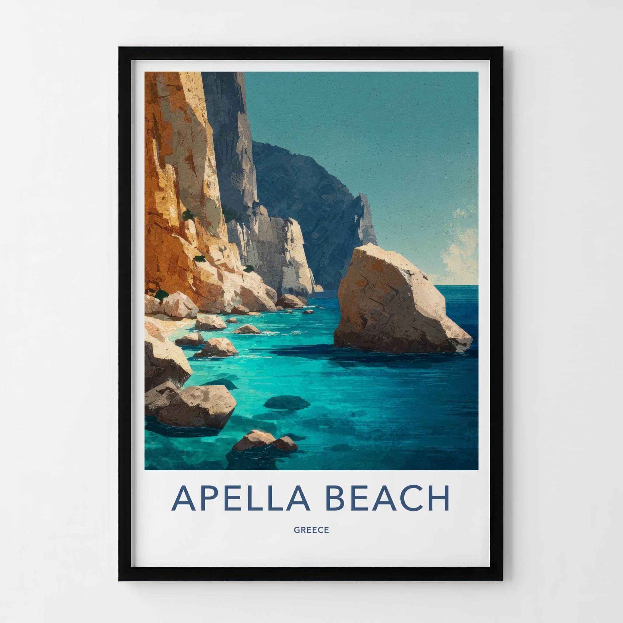 Apella Beach Poster - Greece Travel Print - Rocky Shore Sea Wall Decor