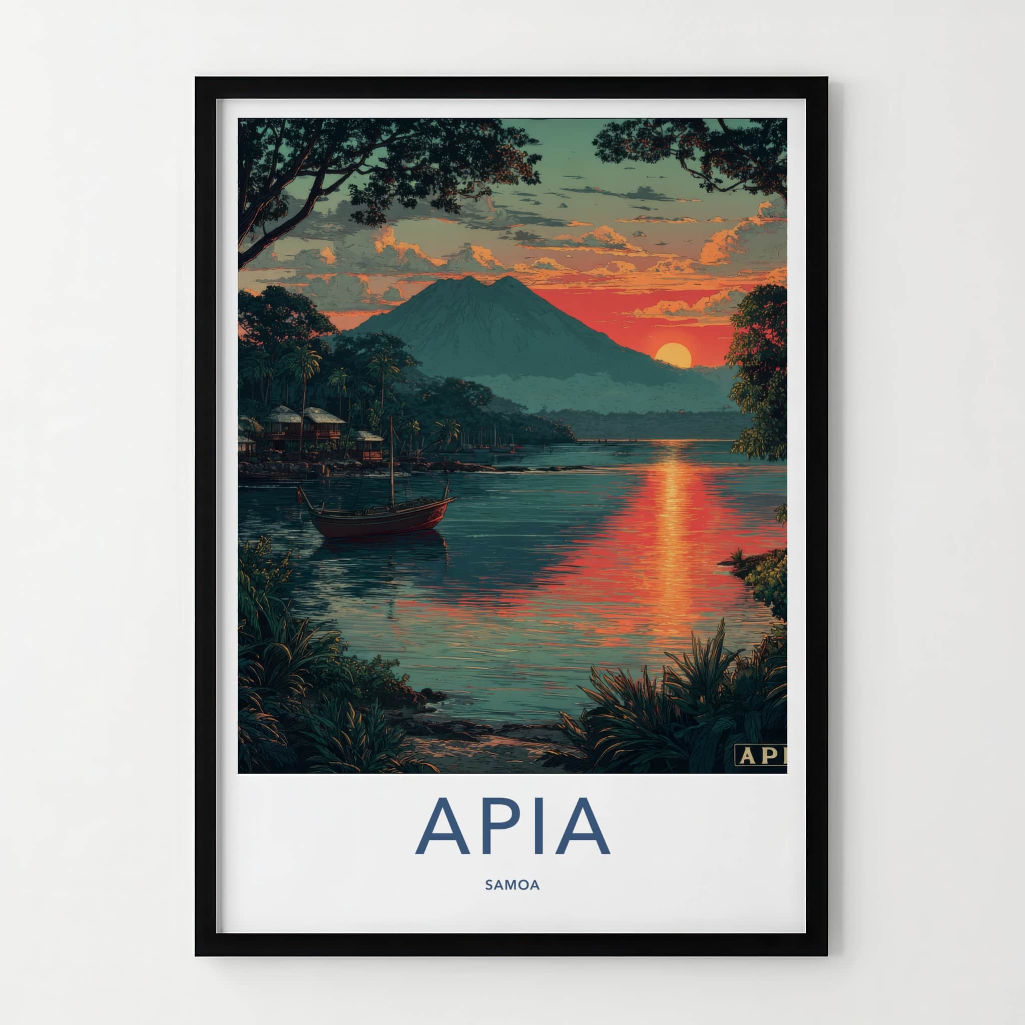 Apia Poster - Samoa Travel Art - Mountain Lakeside Sunset Lounge Decor