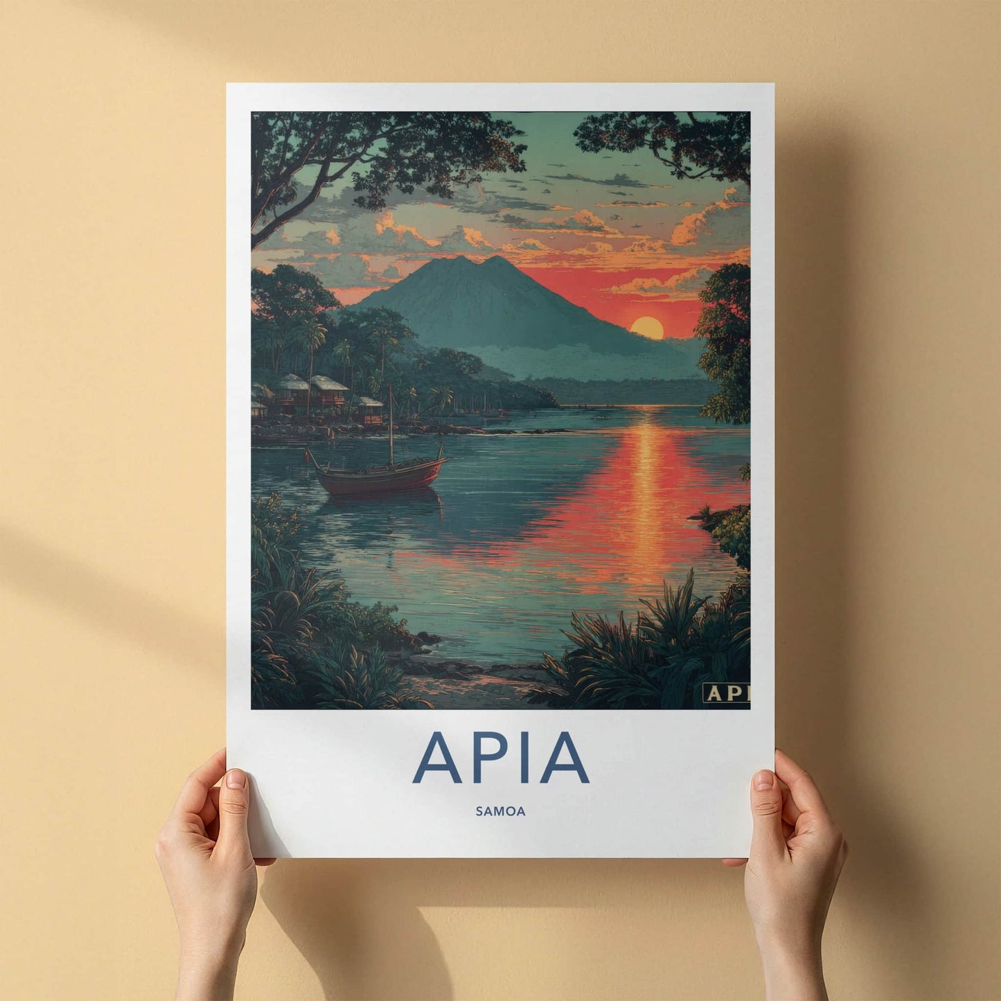 Apia Poster - Samoa Travel Art - Mountain Lakeside Sunset Lounge Decor