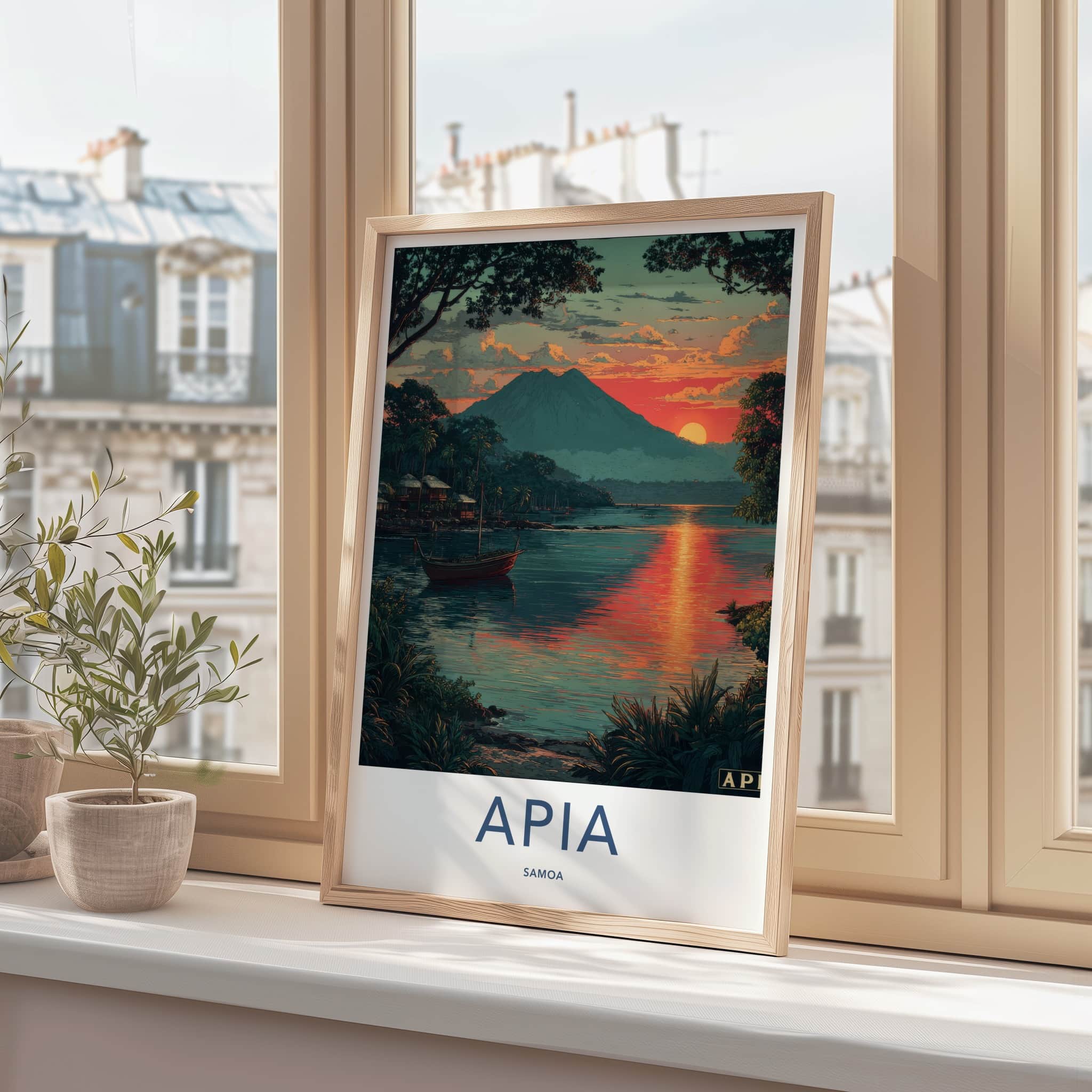 Apia Poster - Samoa Travel Art - Mountain Lakeside Sunset Lounge Decor