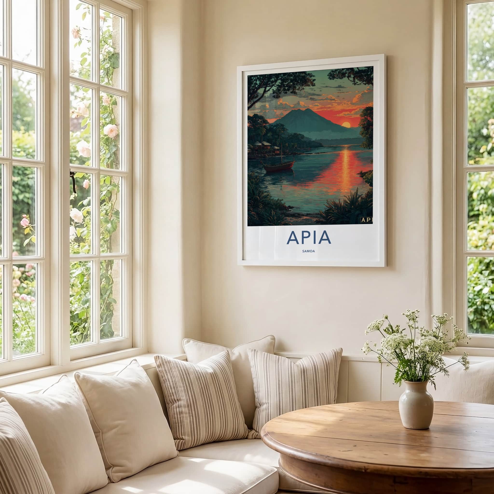 Apia Poster - Samoa Travel Art - Mountain Lakeside Sunset Lounge Decor