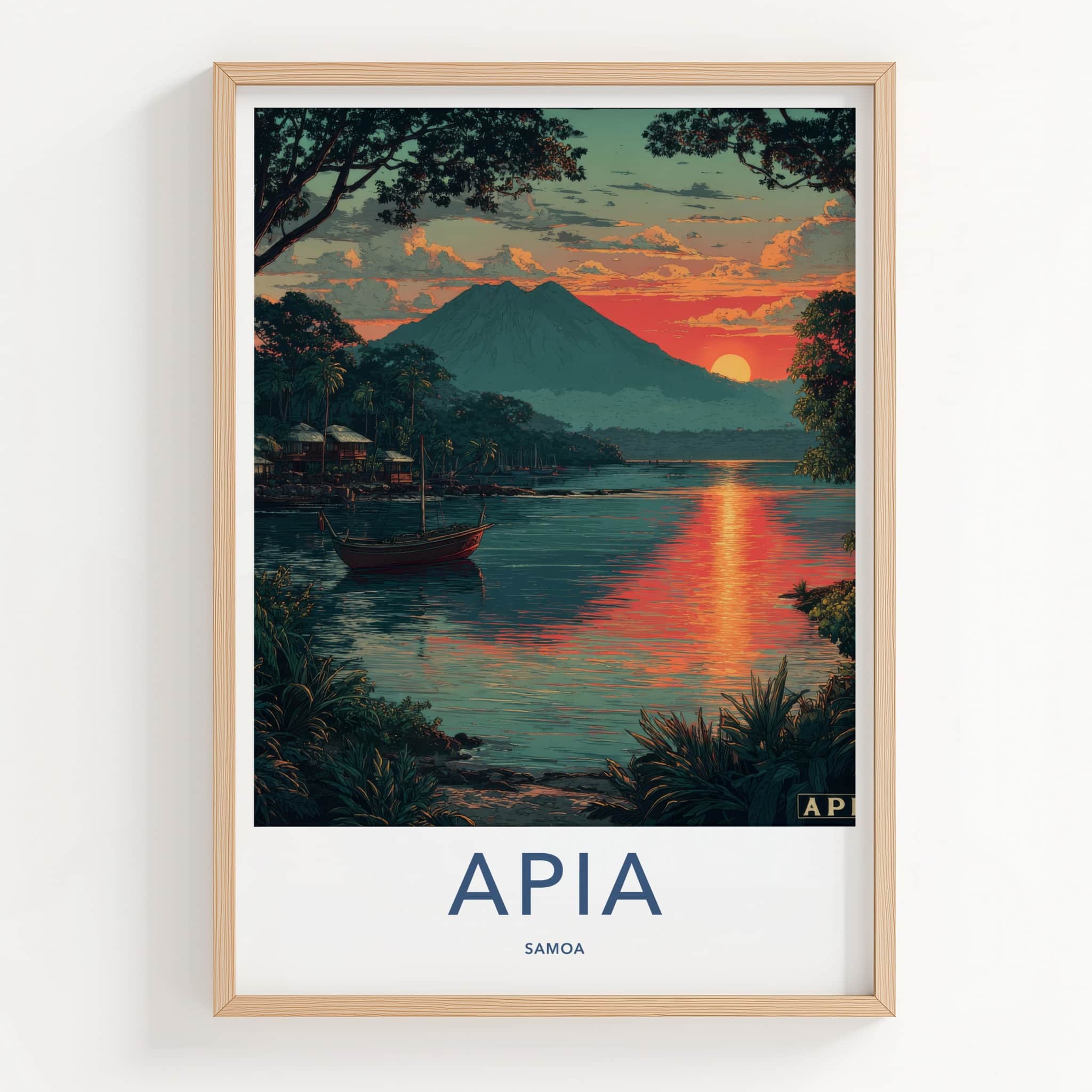 Apia Poster - Samoa Travel Art - Mountain Lakeside Sunset Lounge Decor