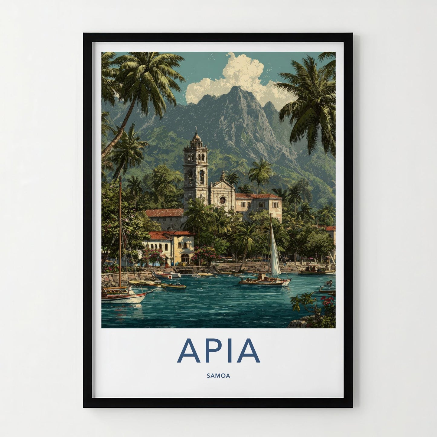 Apia Poster - Samoa Travel Art - Tropical Harbor Church Wall Decor
