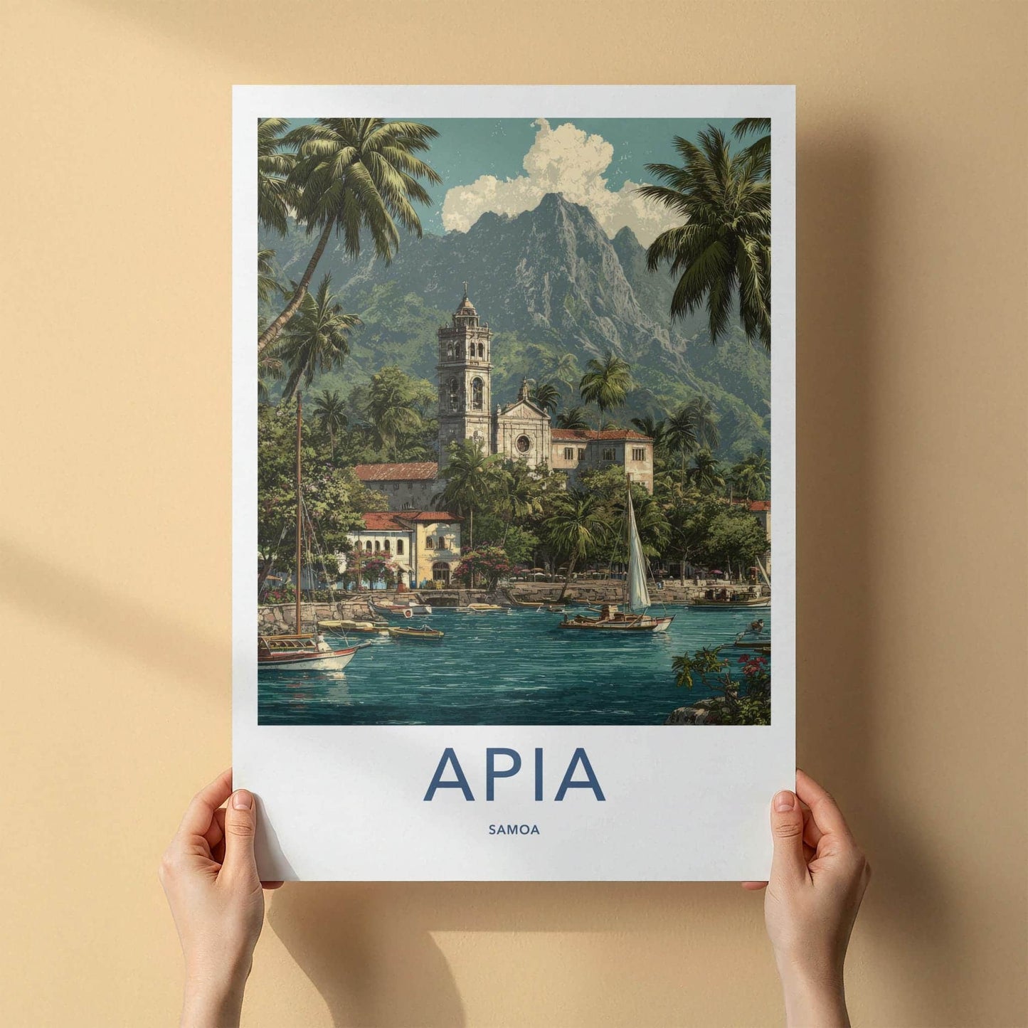 Apia Poster - Samoa Travel Art - Tropical Harbor Church Wall Decor