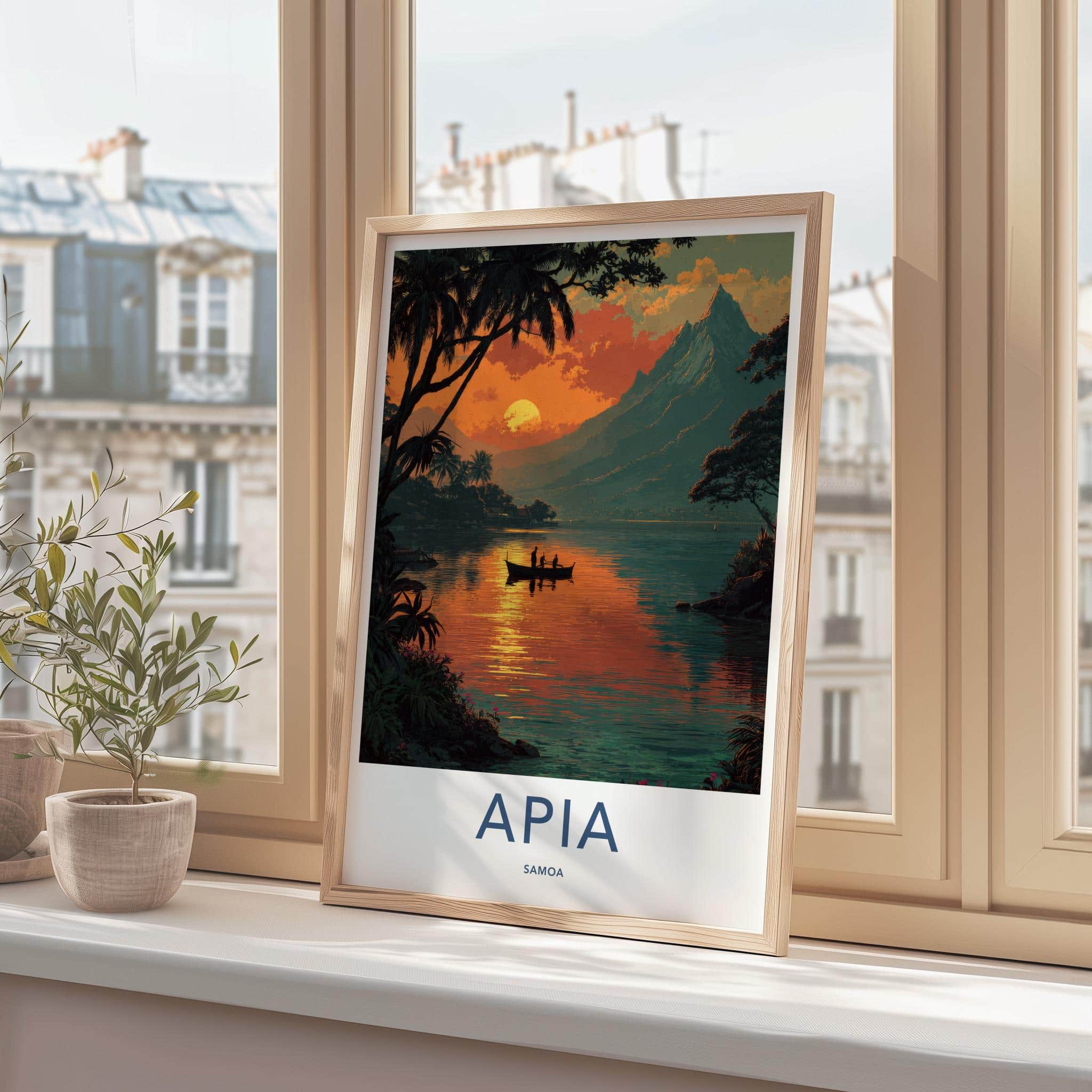 Apia Poster - Samoa Travel Art - Tropical Sunset Boat Home Decor