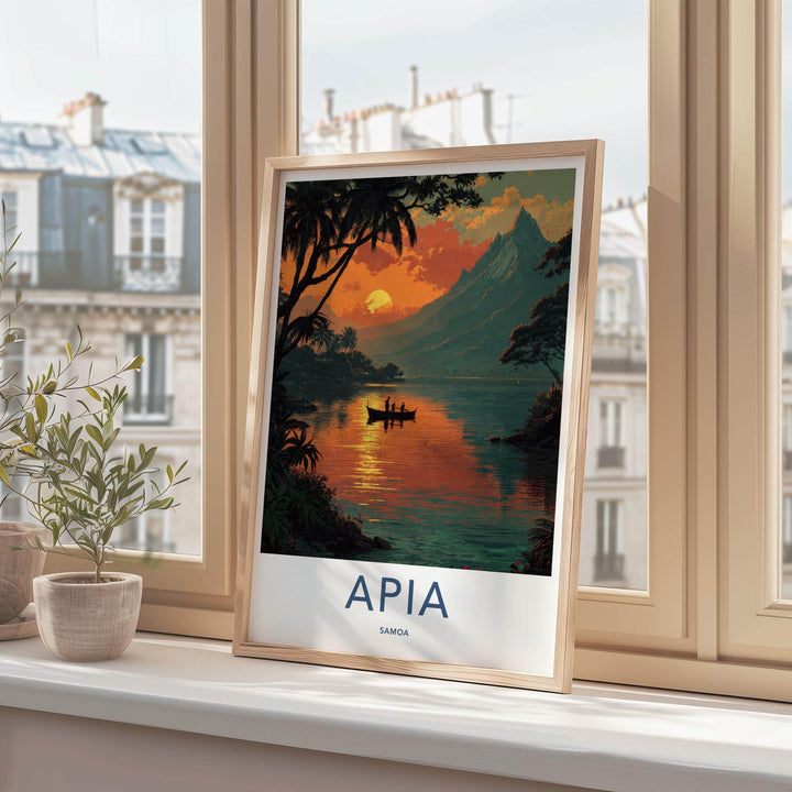 Apia Poster - Samoa Travel Art - Tropical Sunset Boat Home Decor
