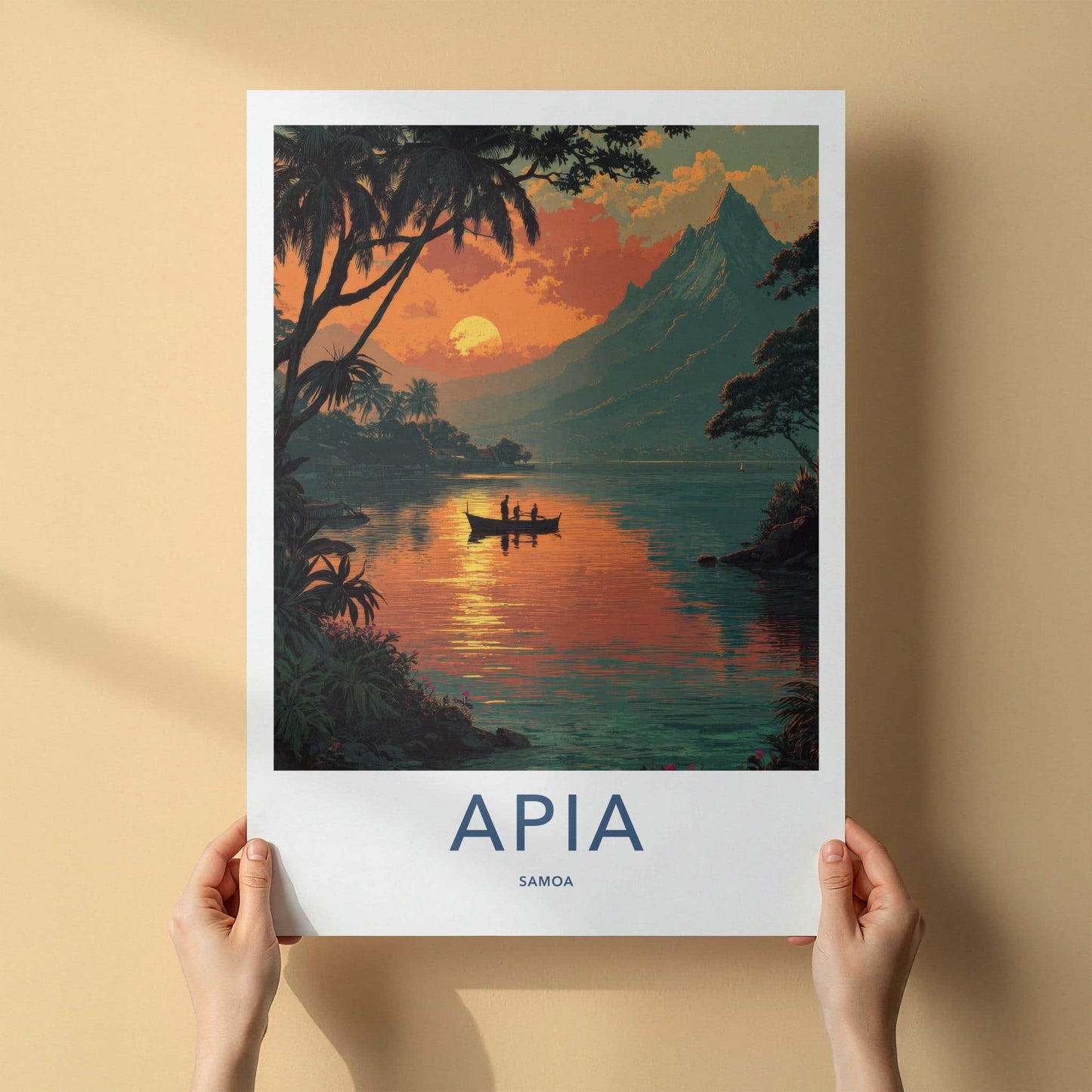 Apia Poster - Samoa Travel Art - Tropical Sunset Boat Home Decor