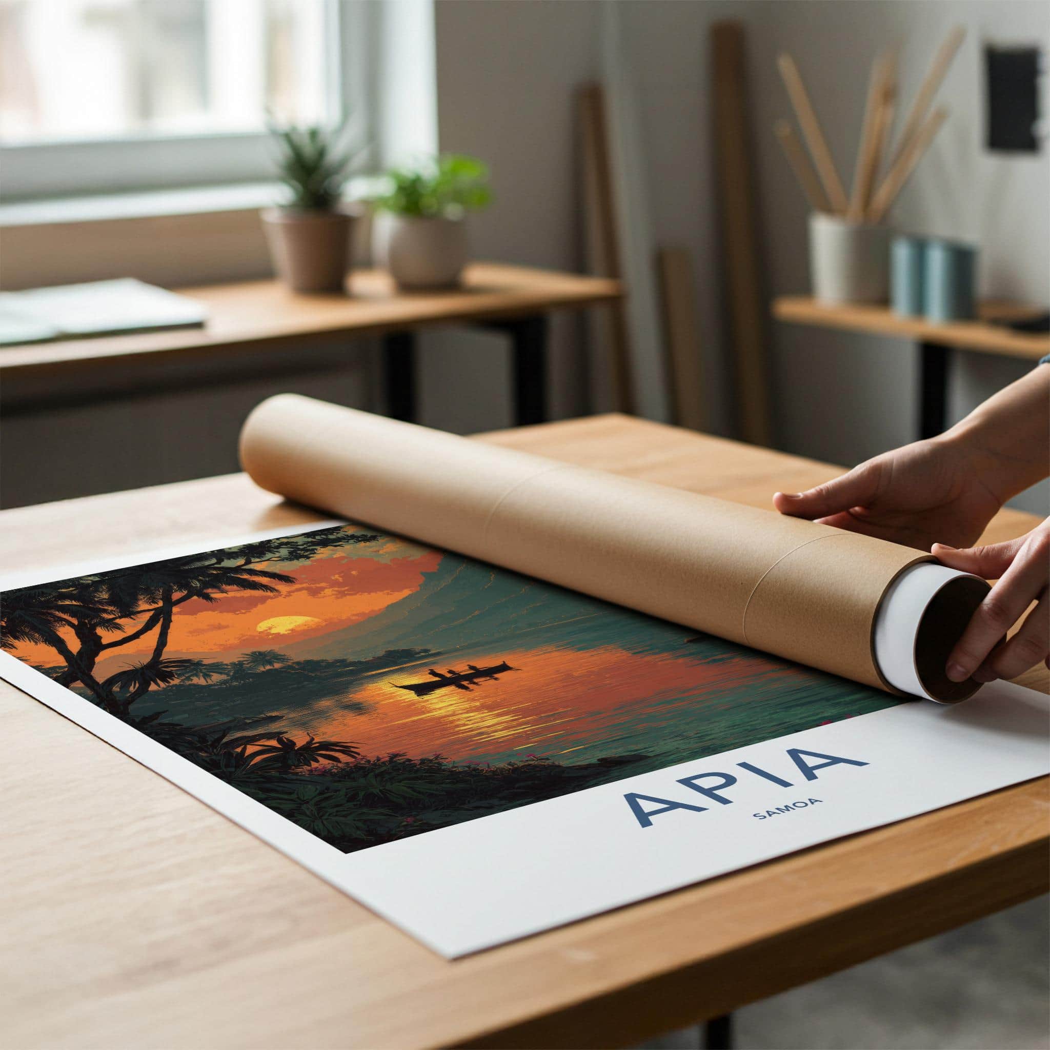 Apia Poster - Samoa Travel Art - Tropical Sunset Boat Home Decor