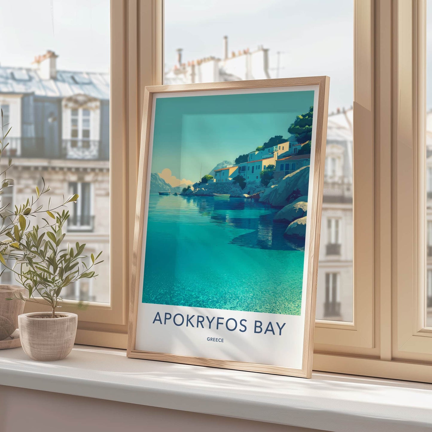 Apokryfos Bay Poster Greece Crystal Water Houses Framed Art