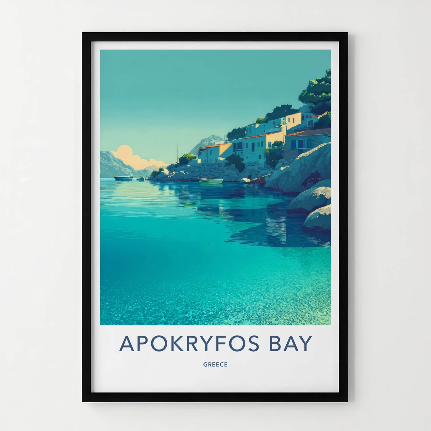 Apokryfos Bay Poster Greece Crystal Water Houses Framed Art
