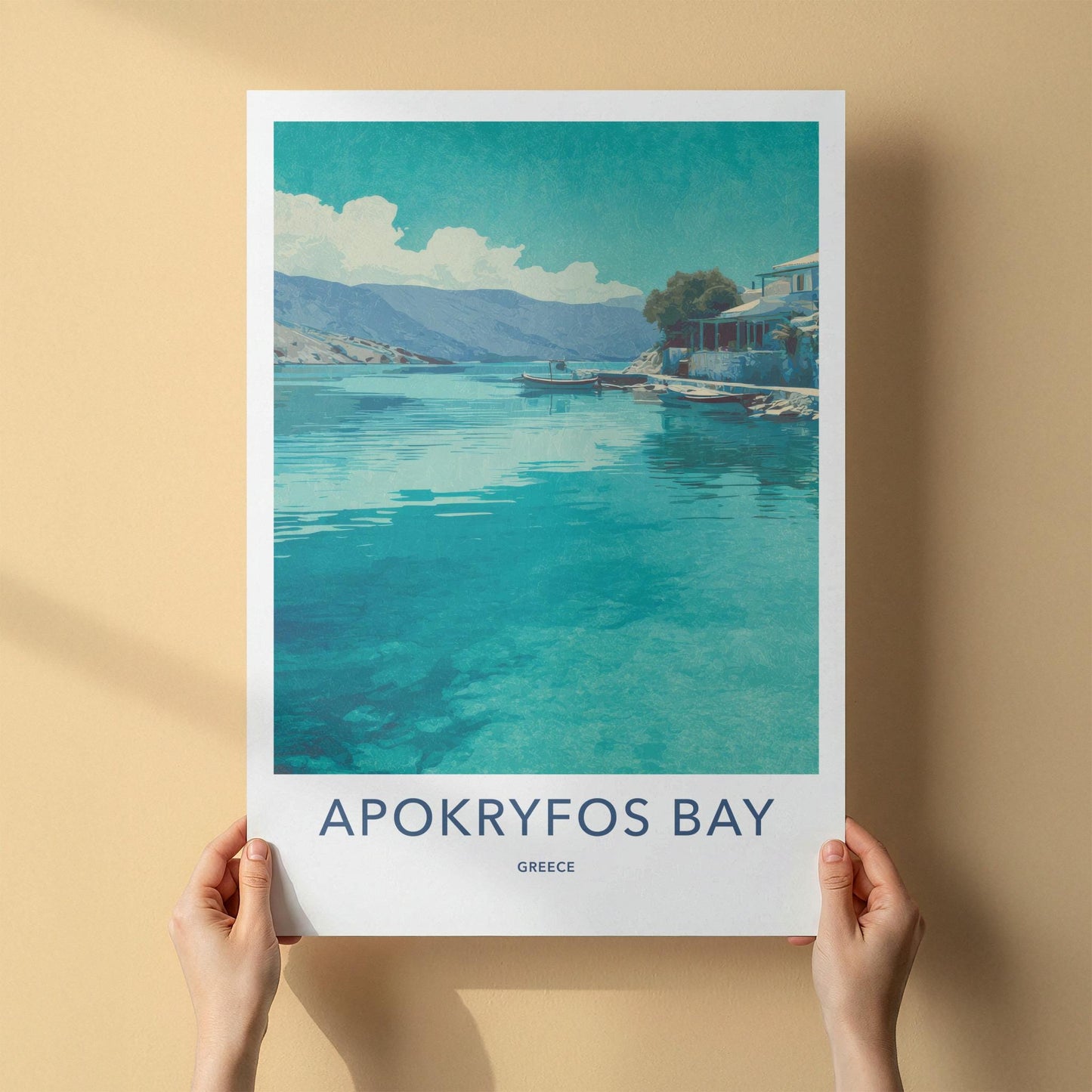 Apokryfos Bay Poster - Greece Travel Print - Clear Water Boats Wall Decor