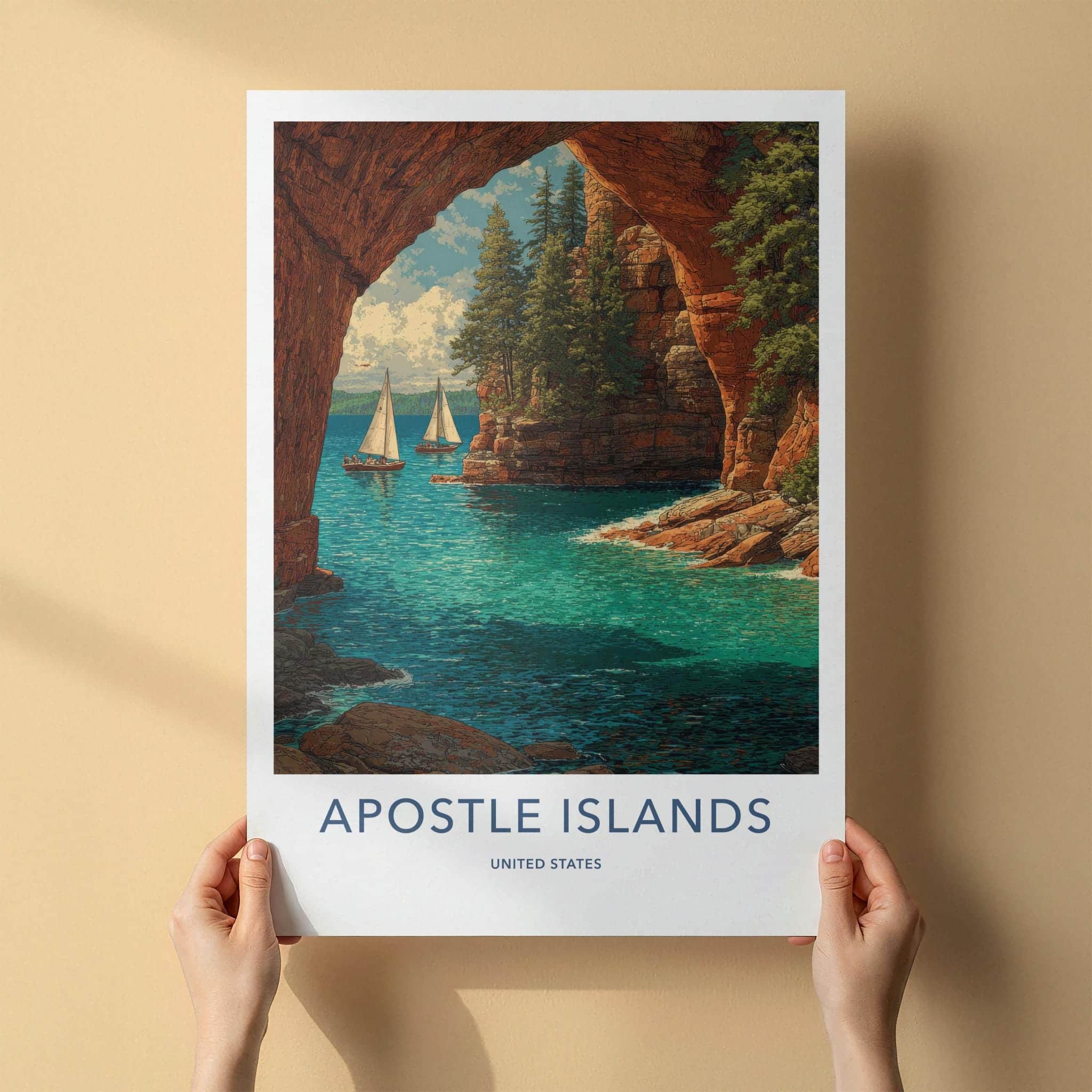 Apostle Islands Poster - Wisconsin Travel Art - Rocky Arch Sailboats Travel Decor