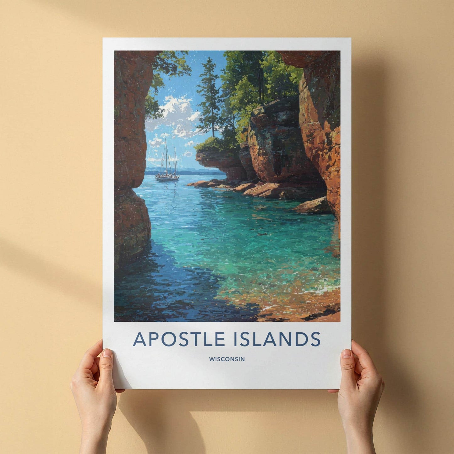 Apostle Islands Poster - Wisconsin Travel Art - Sailboat Red Cliffs Wall Decor