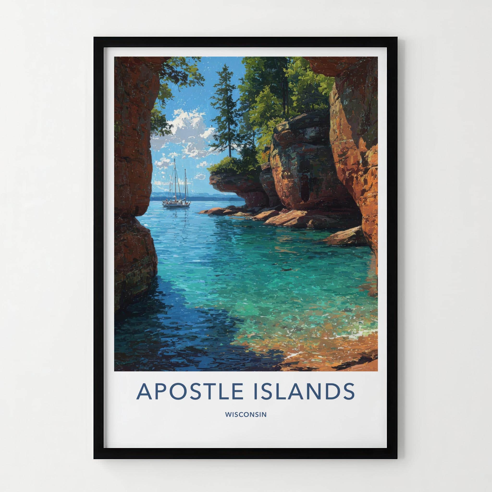 Apostle Islands Poster - Wisconsin Travel Art - Sailboat Red Cliffs Wall Decor