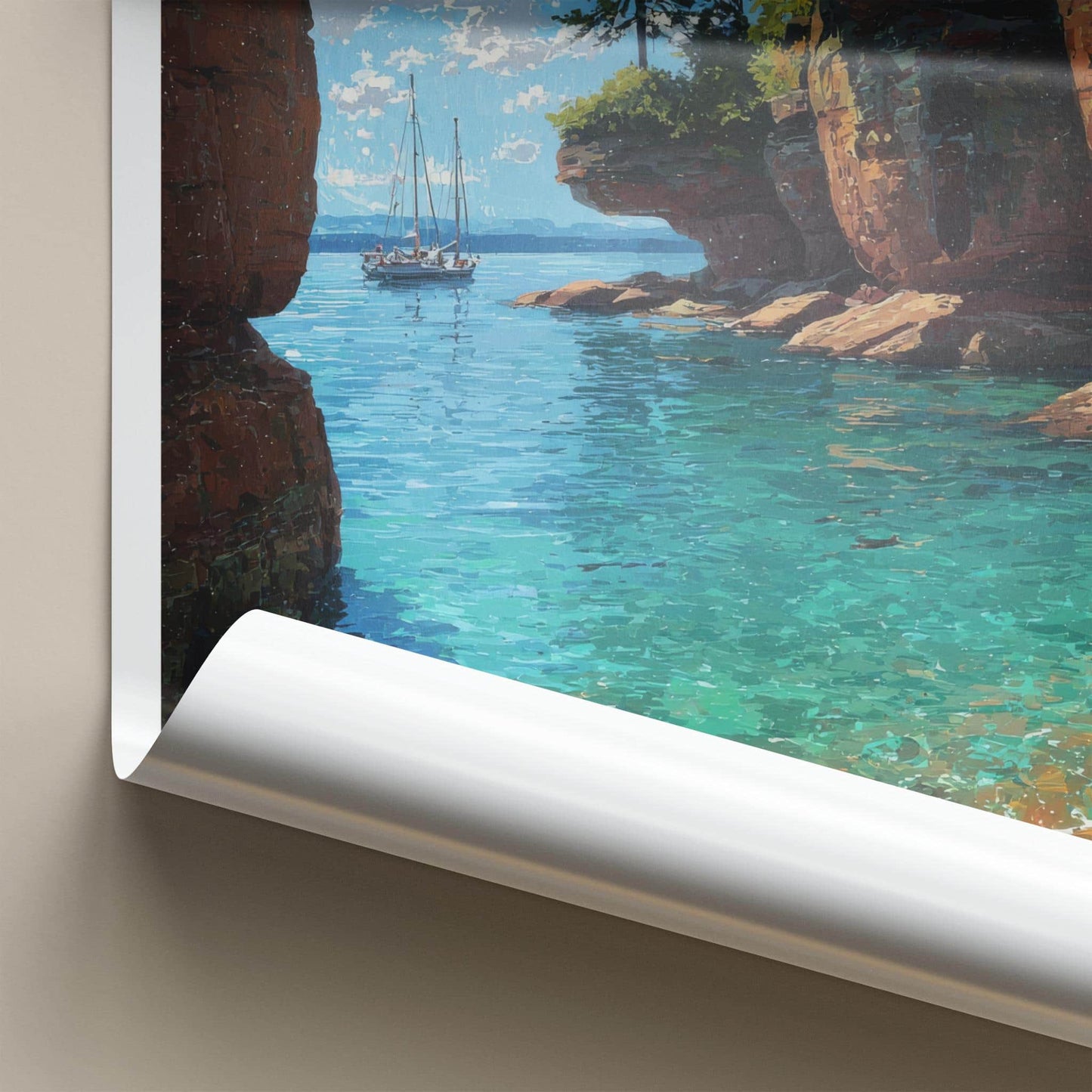 Apostle Islands Poster - Wisconsin Travel Art - Sailboat Red Cliffs Wall Decor