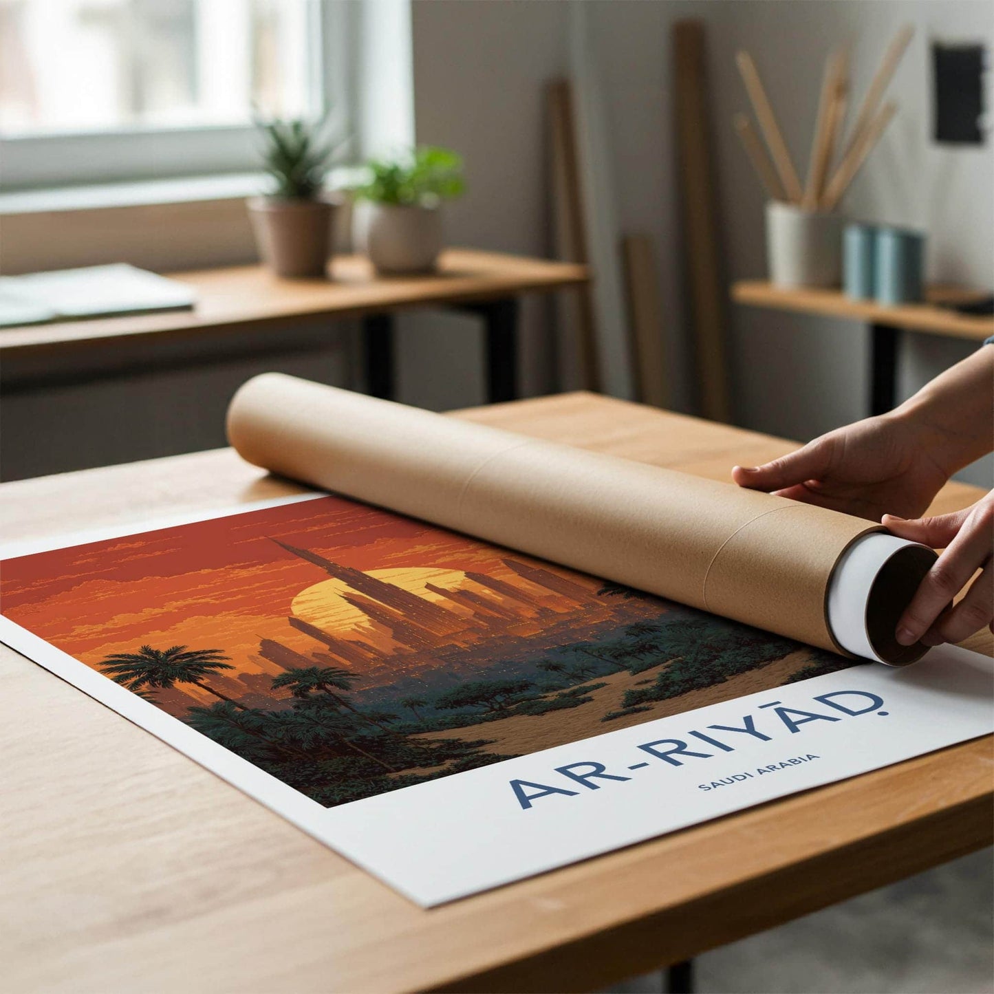 Ar-Riyad Poster - Saudi Arabia Travel Art - City Sunset Palms Wall Decor