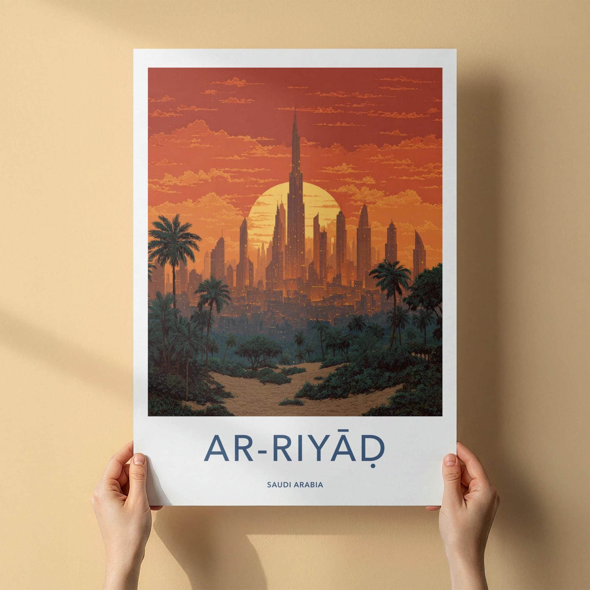 Ar-Riyad Poster - Saudi Arabia Travel Art - City Sunset Palms Wall Decor