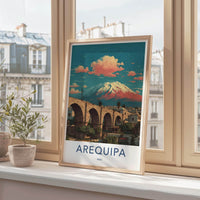 Arequipa Poster - Peru Travel Art - Arched Bridge Volcano Wall Decor