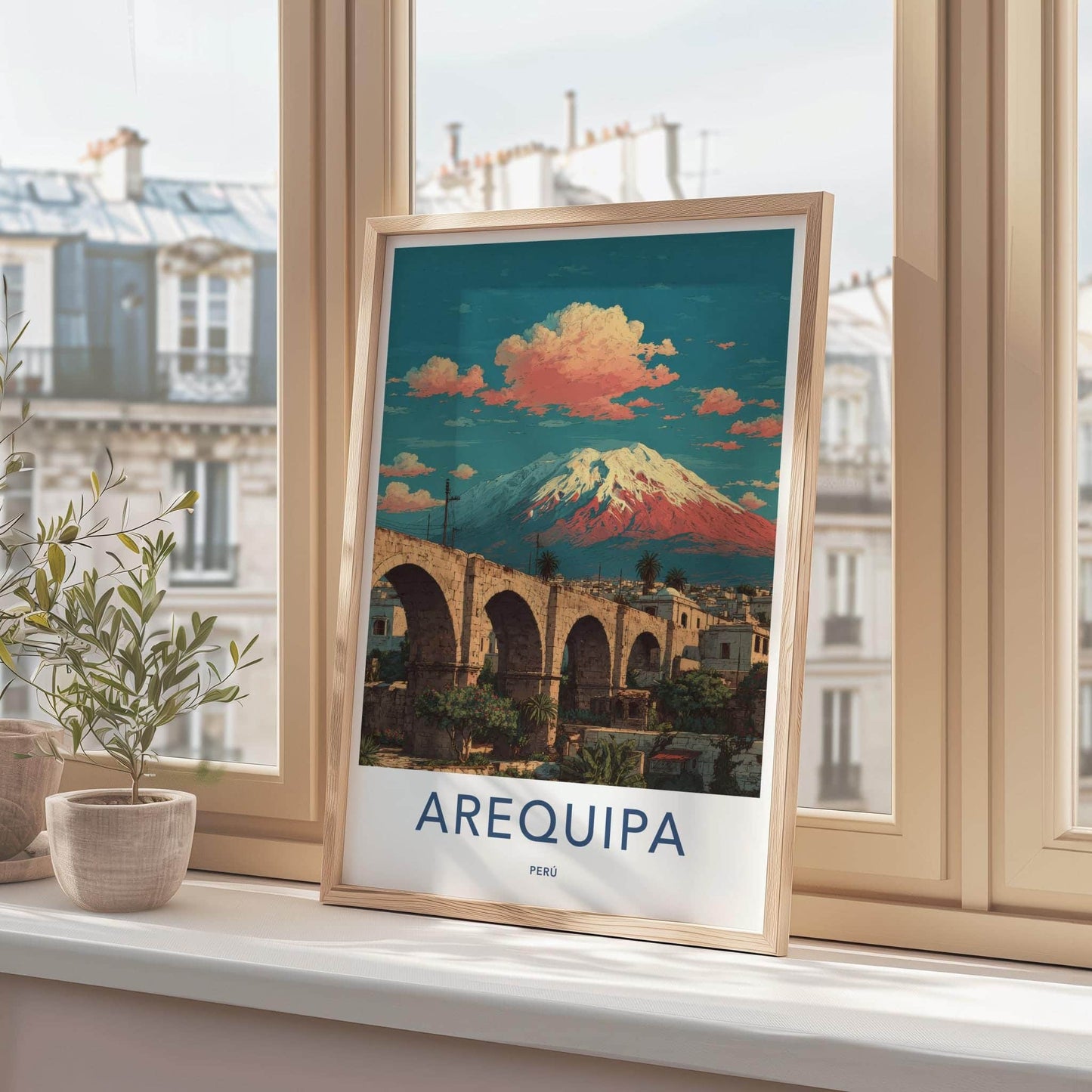 Arequipa Poster - Peru Travel Art - Arched Bridge Volcano Wall Decor