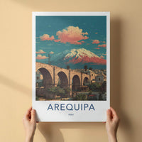 Arequipa Poster - Peru Travel Art - Arched Bridge Volcano Wall Decor