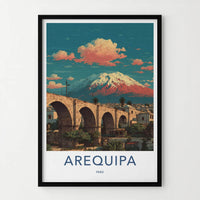 Arequipa Poster - Peru Travel Art - Arched Bridge Volcano Wall Decor