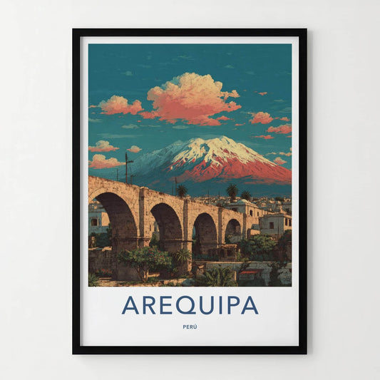 Arequipa Poster - Peru Travel Art - Arched Bridge Volcano Wall Decor