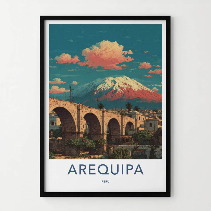 Arequipa Poster - Peru Travel Art - Arched Bridge Volcano Wall Decor