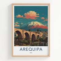 Arequipa Poster - Peru Travel Art - Arched Bridge Volcano Wall Decor