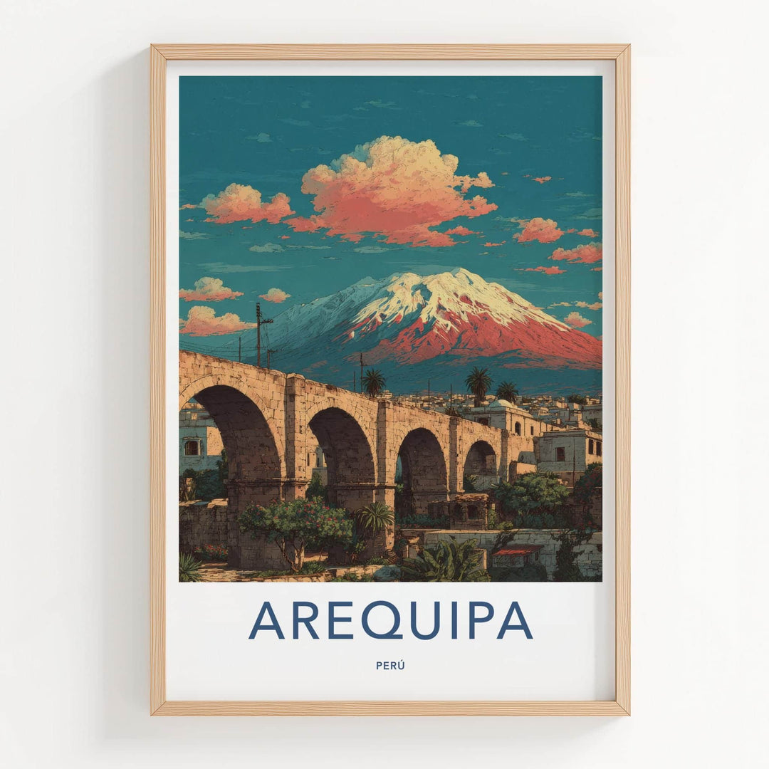Arequipa Poster - Peru Travel Art - Arched Bridge Volcano Wall Decor