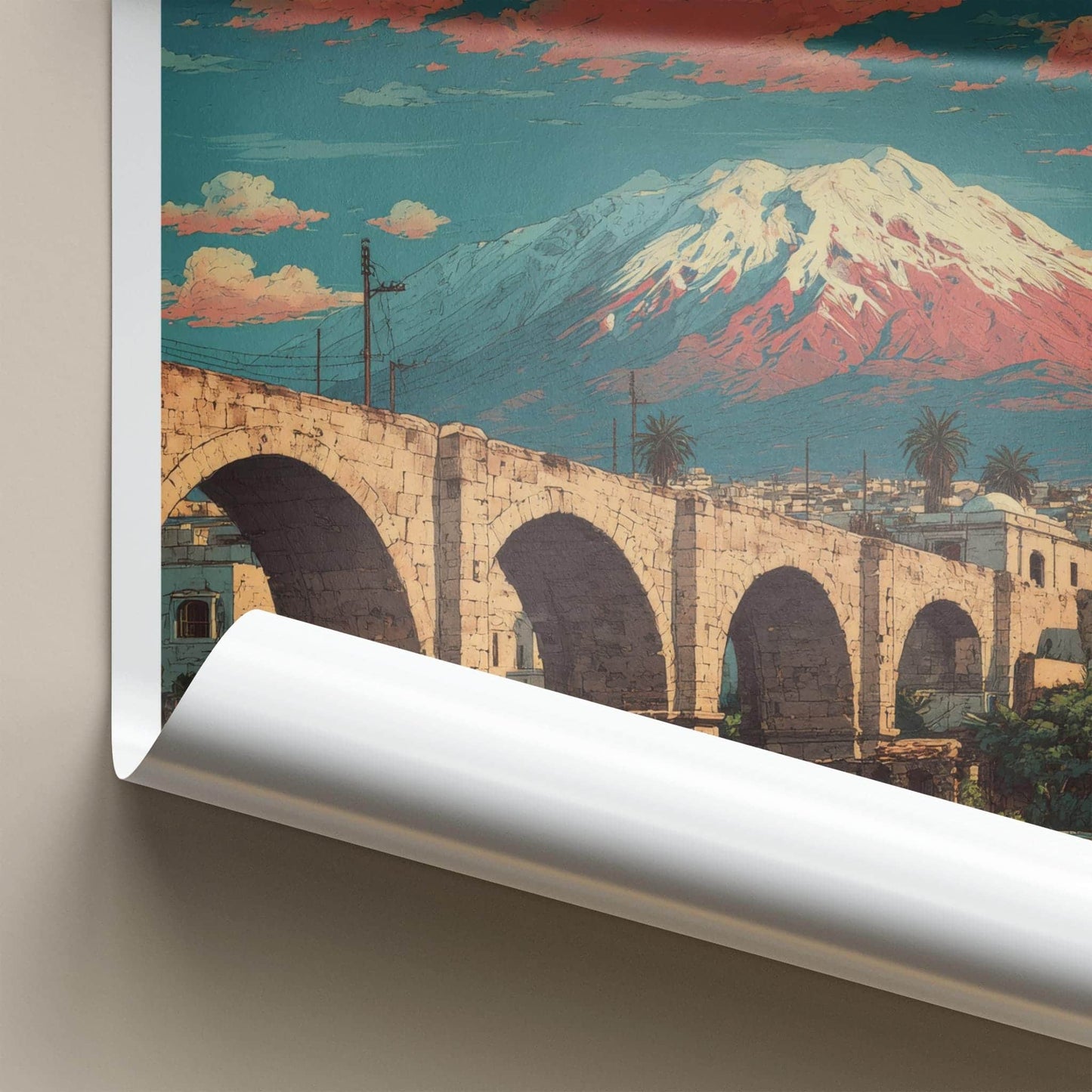 Arequipa Poster - Peru Travel Art - Arched Bridge Volcano Wall Decor