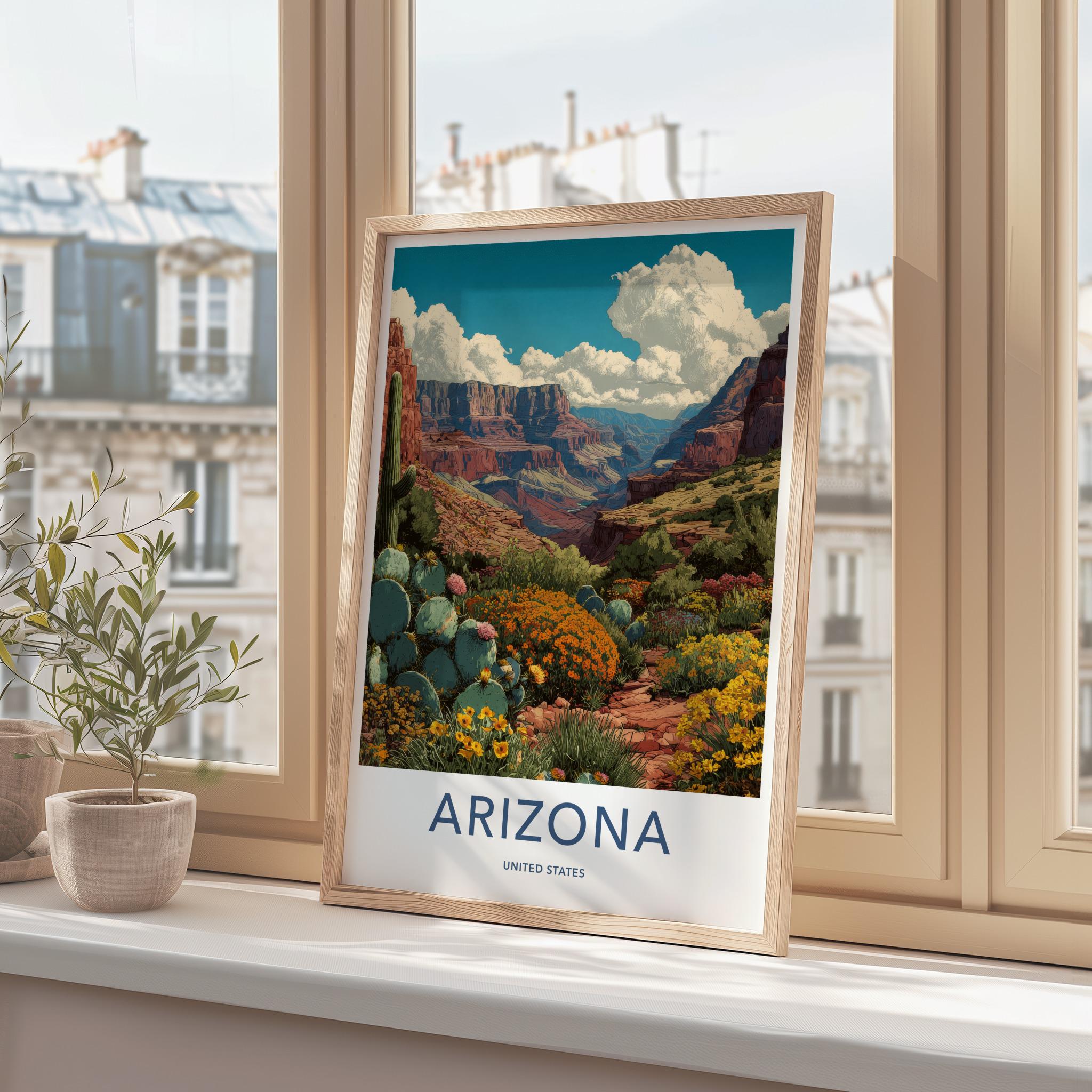 Arizona Poster - Arizona Travel Art - Canyon Cacti Blooms Wall Decor