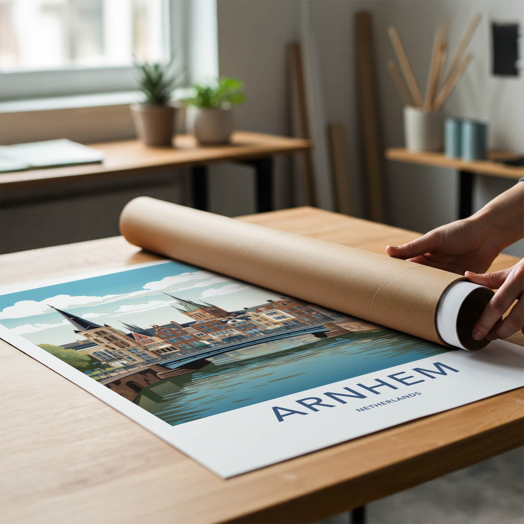Arnhem Poster - Netherlands Travel Art - Canal Cityscape Bridge Home Decor