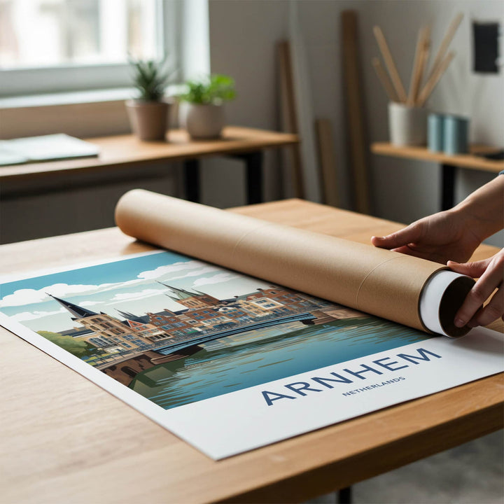 Arnhem Poster - Netherlands Travel Art - Canal Cityscape Bridge Home Decor