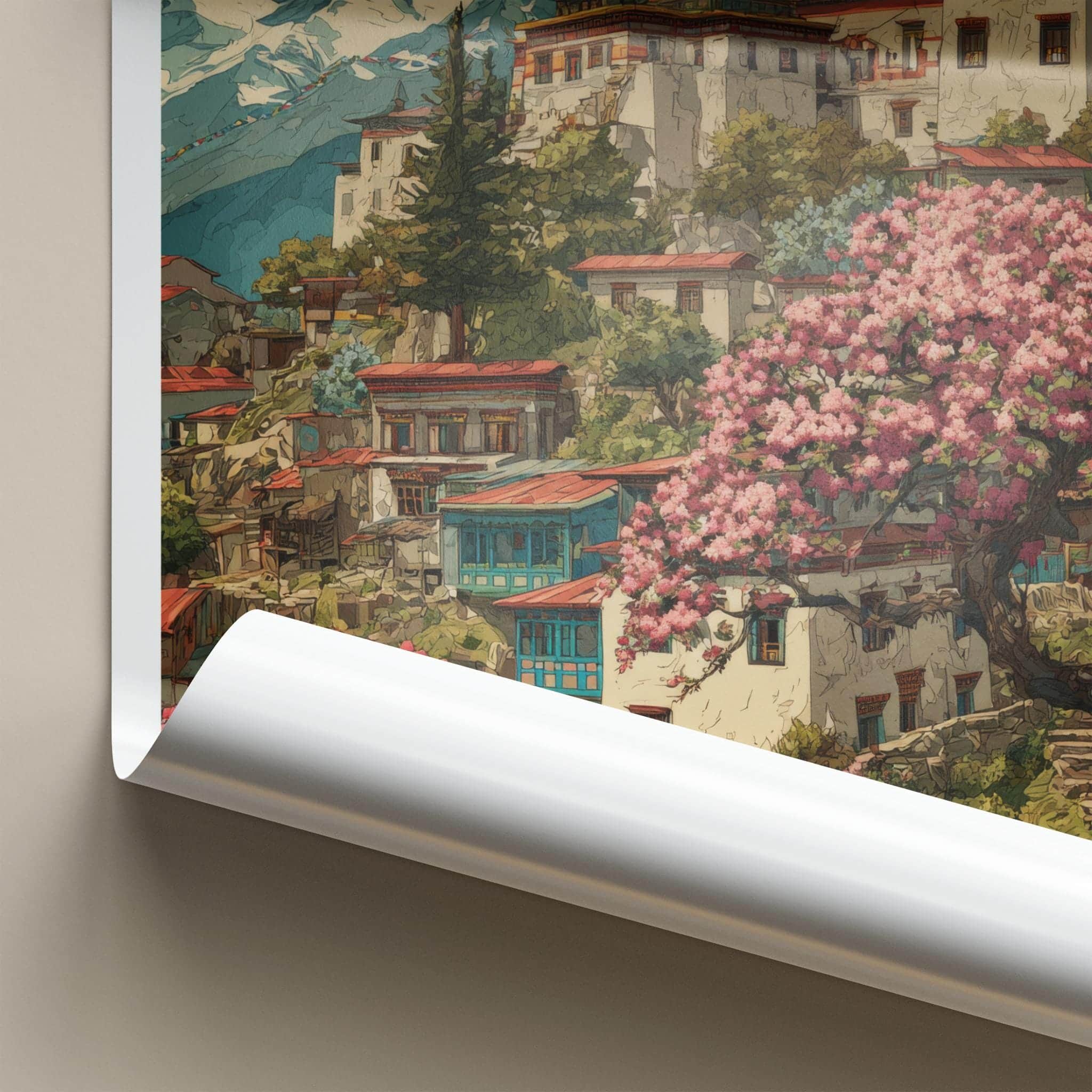 Arunachal Pradesh Poster - India Travel Art - Himalayan village blossoms Wall Decor