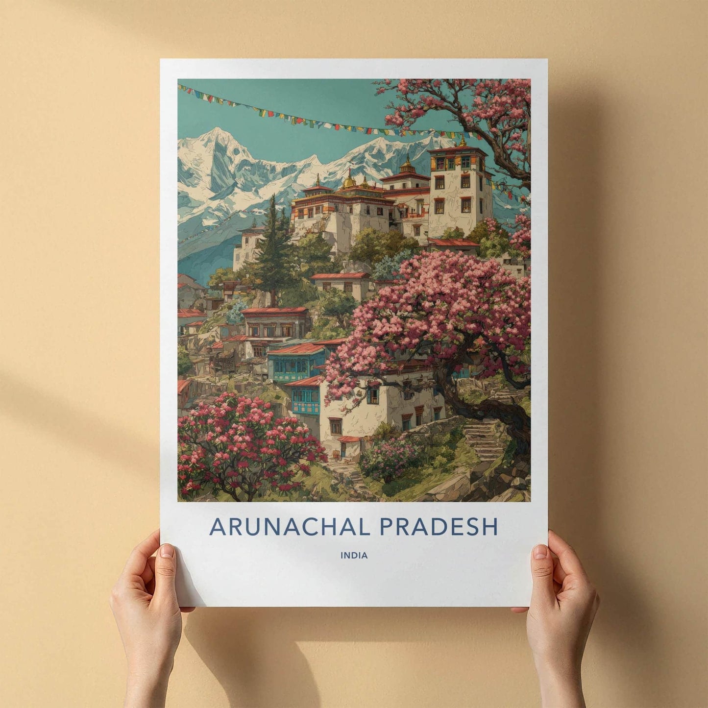 Arunachal Pradesh Poster - India Travel Art - Himalayan village blossoms Wall Decor