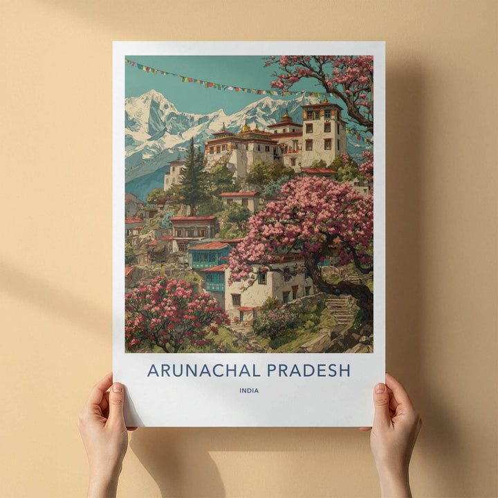 Arunachal Pradesh Poster - India Travel Art - Himalayan village blossoms Wall Decor