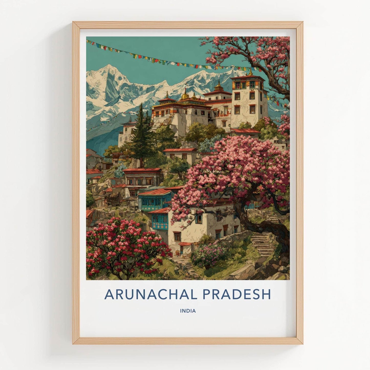 Arunachal Pradesh Poster - India Travel Art - Himalayan village blossoms Wall Decor