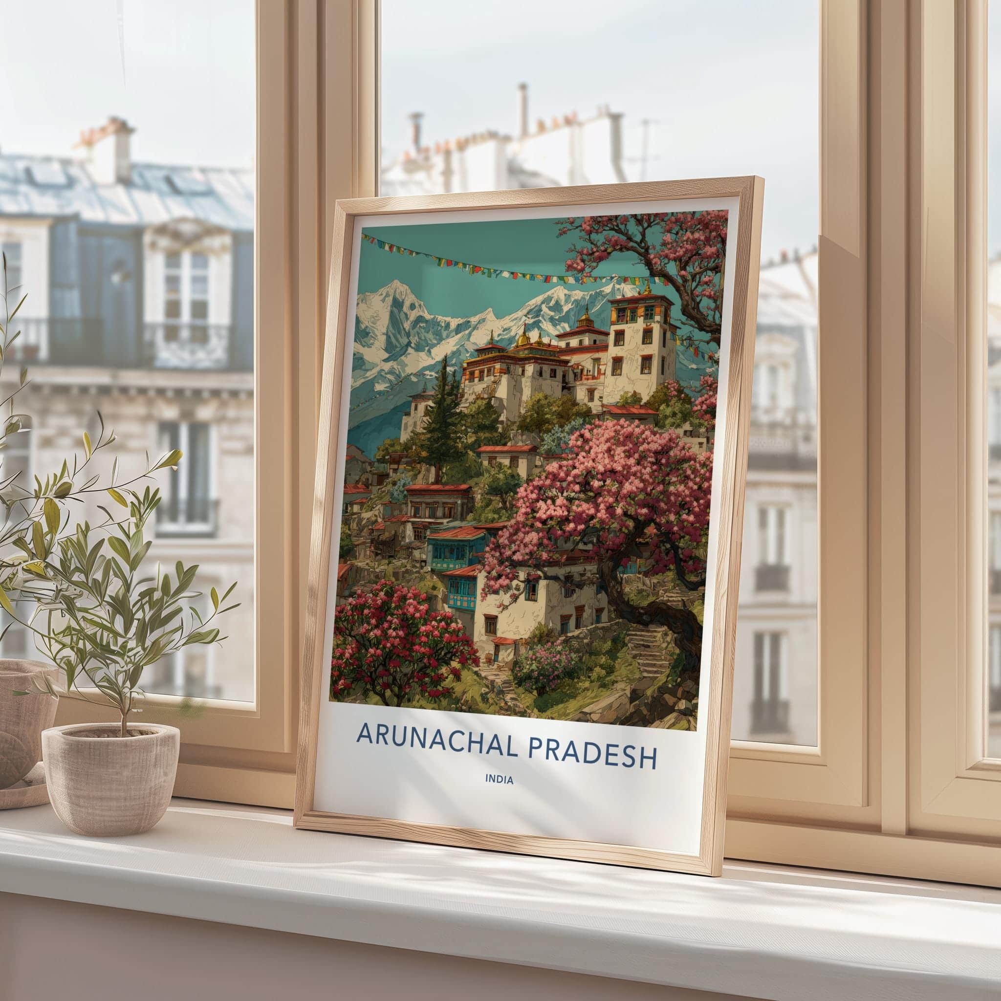 Arunachal Pradesh Poster - India Travel Art - Himalayan village blossoms Wall Decor