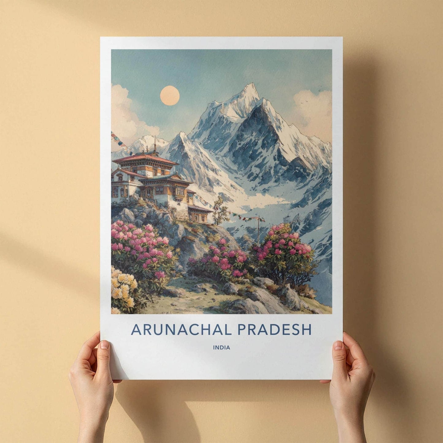 Arunachal Pradesh Poster - India Travel Art - Mountain Temple Home Decor | Serene Himalayan Watercolor Wall Art Print for Nature Lovers &